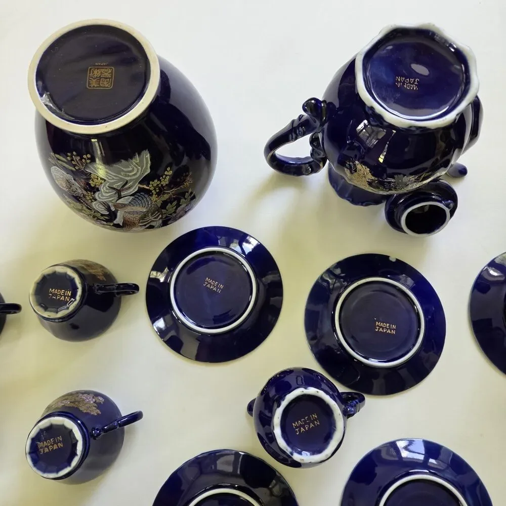 Vintage Hand Spray KT in Glaze Cobalt Blue Japanese 17 Pc. Tea Set 1960’s